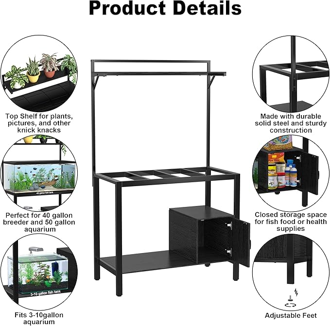 GDLF 40-50 Gallon Fish Tank Stand with Plant Shelf Metal Aquarium Stand with Cubby Storage 36.6" x 18.5" Tabletop fits Aquarium,Turtle Tank,or Reptile Terrariums-PurrikoPets