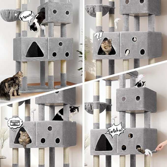Globlazer Extra Large Cat Tower, 81-inch Tall Cat Tree for Big Cats 20 lbs, XXL Heavy Duty Cat Scratching Tower for Indoor Adult Cats with 3 Cat Condos, 8 Scratching Posts, F81, Light Grey-PurrikoPets