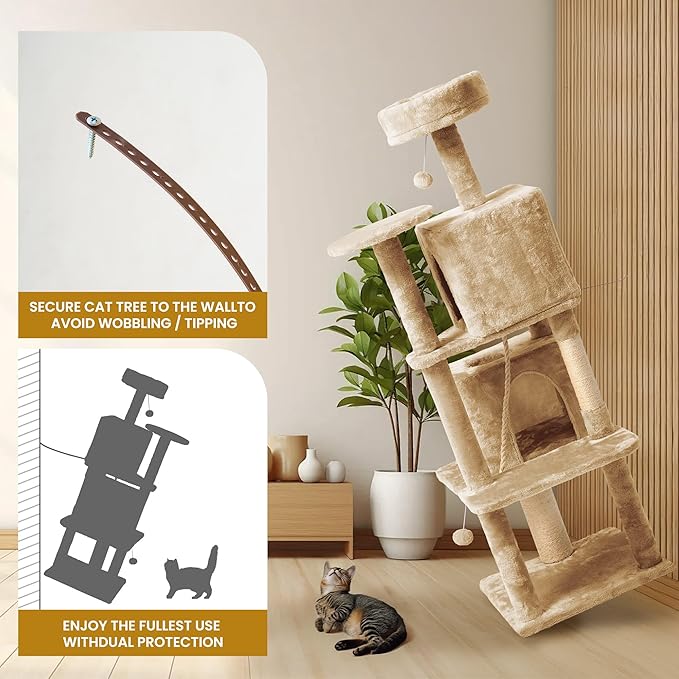 59in Large Cat Tree Tower for Indoor Cats with Soft Plush Hang Ball, Two Condos, Sisal Scratch Posts & Rope Play for Kittens/Adult Cats, New Beige-PurrikoPets
