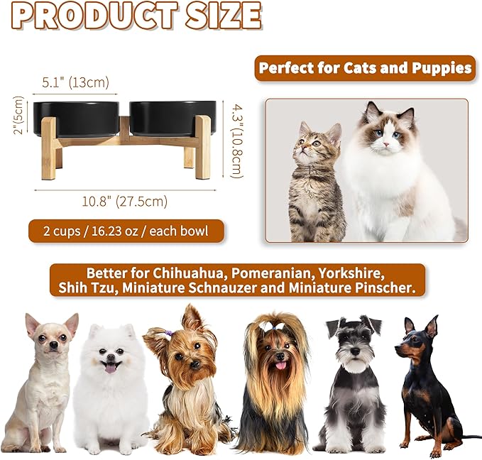 Elevated Ceramic Dog Bowl Set - Raised Feeding Bowls with Non-Slip Bamboo Stand - Small Pet Dishes for Food and Water - Ideal for Cats and Puppies - 16.23 OZ - 2 Cups - 480 ML-PurrikoPets
