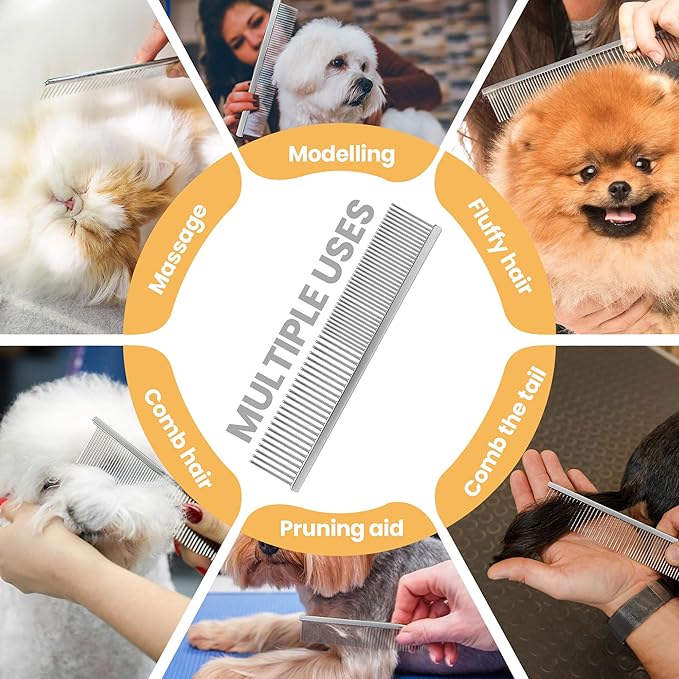 7.5 Inch Professional Stainless Steel Pet Grooming Comb for Dogs & Cats, Wide & Dense Teeth for Removing Tangles, Knots,Undercoat,Flea,Excess Hair, Rounded Corners Design for Safe,Metal Dematting Tool-PurrikoPets