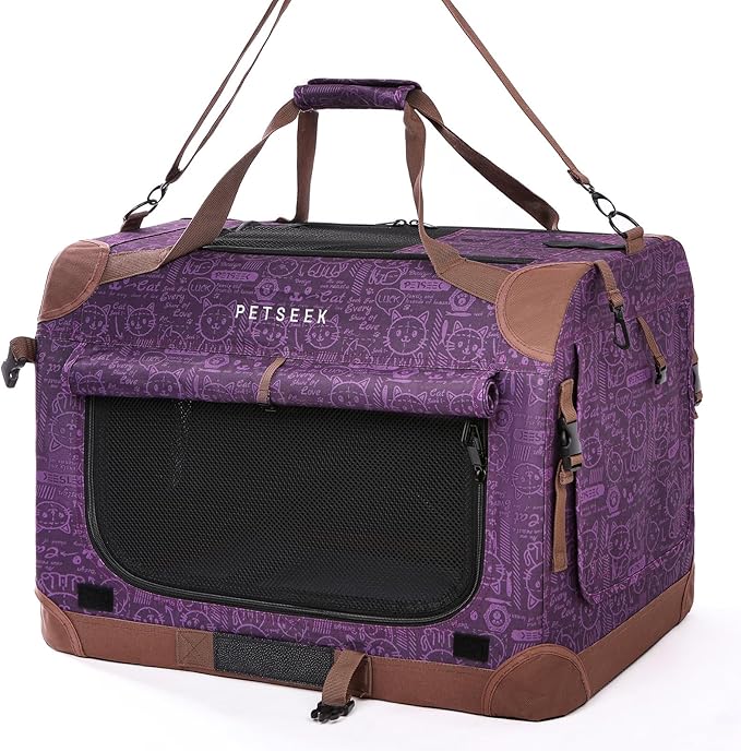 Extra Large Cat Carrier Soft Sided, Portable Small Dog Carrier for 2 Cats, 24"x16.5"x16" Car Travel Folding Comfortable Design, Purple-PurrikoPets
