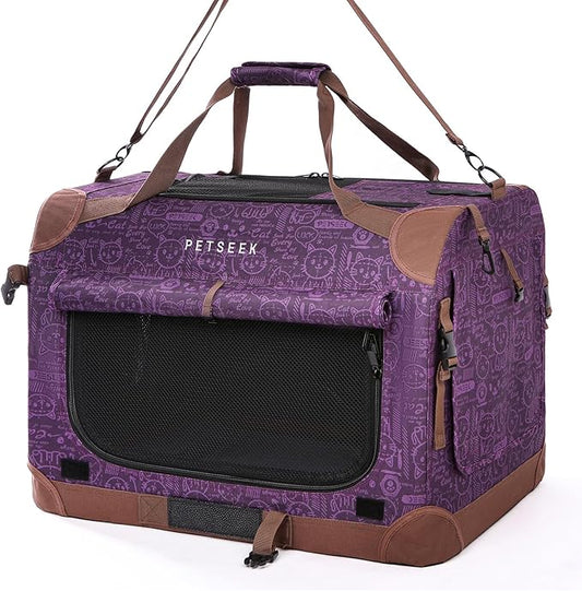 Extra Large Cat Carrier Soft Sided, Portable Small Dog Carrier for 2 Cats, 24"x16.5"x16" Car Travel Folding Comfortable Design, Purple-PurrikoPets