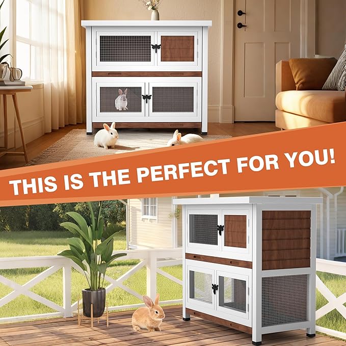 2 Story Rabbit Hutch, Indoor Outdoor Bunny Hutch Solid Wood Rabbit Cage with Removable Trays, Waterproof Asphalt Roofs and Ventilation Door, Small Animal House for Rabbit Guinea Pig Ferret, Walnut-PurrikoPets