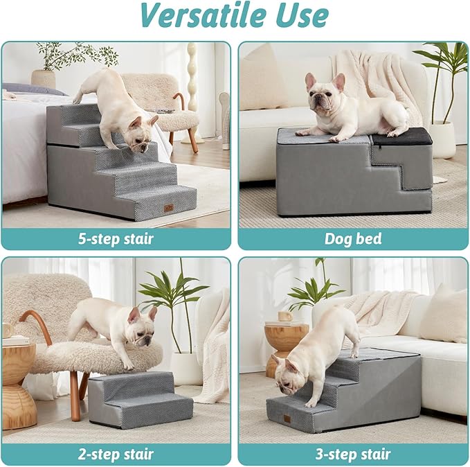 Dog Stairs for Small Dogs, 5 Tier Removable Wider Pet Stairs for Couch and Bed, 23.6" H Non-Slip Dog Steps for Puppies and Old Cats with Support Board, 29.5x19.7x23.6 inch, Grey-PurrikoPets