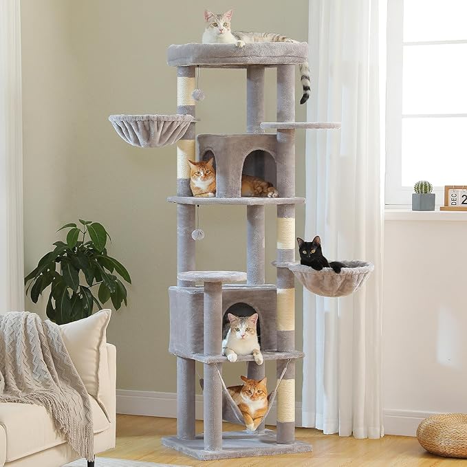 71.2" Tall Cat Tree for Indoor Cats - 9-Level Multi-Cat Tower w/5 Sisal Scratching Posts, 2 Condos, 3 Hammocks, Perch & Pom Poms - Heavy-Duty for Adult Cats, Space-Saving Plush Gray-PurrikoPets