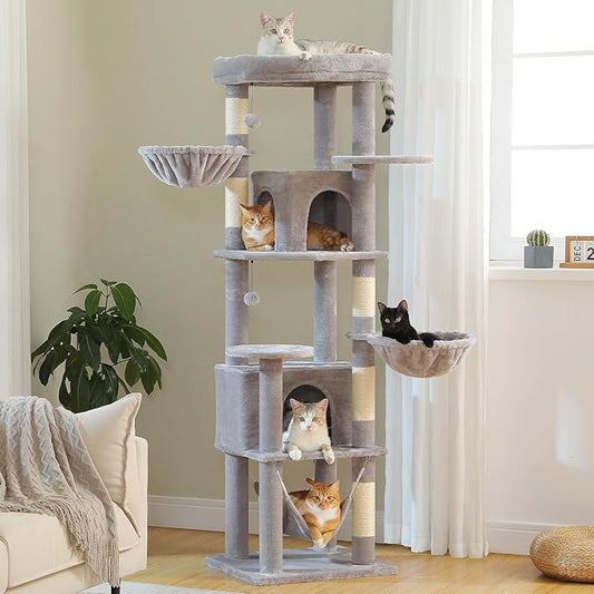 71.2" Tall Cat Tree for Indoor Cats - 9-Level Multi-Cat Tower w/5 Sisal Scratching Posts, 2 Condos, 3 Hammocks, Perch & Pom Poms - Heavy-Duty for Adult Cats, Space-Saving Plush Gray-PurrikoPets