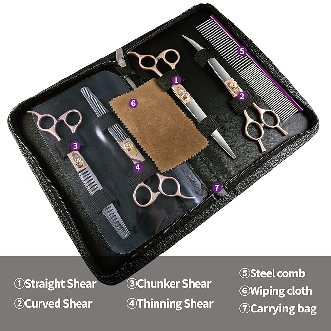 Fenice Peak 7‘’ Professional Dog Grooming Scissors Set Rose Gold 440C Stainless Steel Straight Thinning Curved Chunker Shears 4pcs Set for Pet Grooming Services Dogs and Cats-PurrikoPets