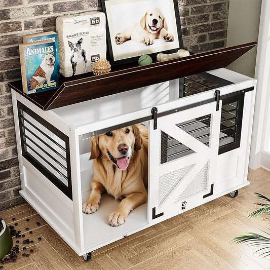 47 inch XL Dog Crate Furniture with Top-Access Teasing/Feeding Doors, Farmhouse Wooden Decorative Dog Crates with Wheels, Chew-Resistant Dog Crates End Table for Medium&Large Dogs, White-PurrikoPets