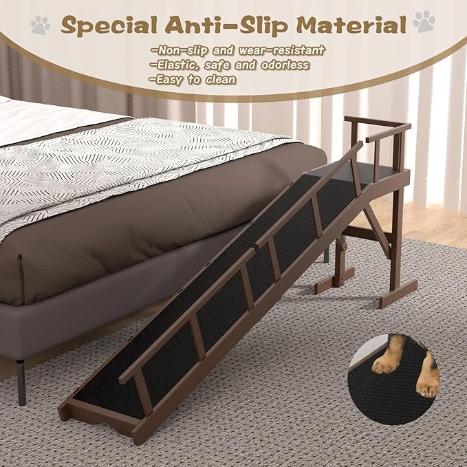 73" Dog Ramp for Bed, Pet Ramp with Removable Side Rail and Non-Slip Surface, Pet Ramp for Small & Large & Senior Dogs with Rest Platform and DIY Glow Strips,Dog Stairs for Couch, Brown-PurrikoPets