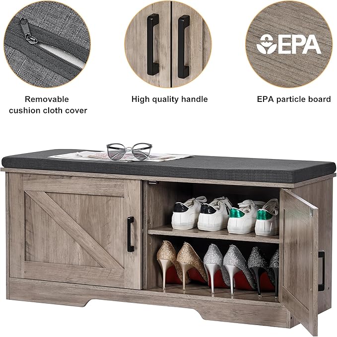 2-Tier Storage Bench, Shoe Bench with Padded Seat Cushion, Entryway Bench with 2 Barn Doors, Adjustable Shelf, 13.8" D x 39.4" W x 17.7" H, for Entryway, Living Room, Bedroom, Greige-PurrikoPets