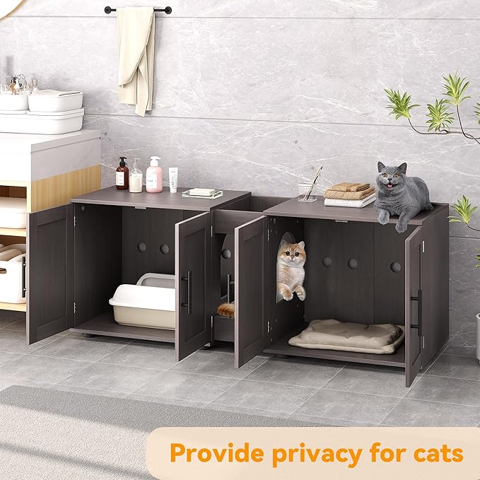 Gaomon Litter Box Enclosure with Double Room,Cat Hidden Litter Box Enclosure Furniture for 2 Cats with Double Room, 55”L x 17.7”W x 22.5”H Cat House,Wooden Enclosed Cat Litter Box Furniture,Walnut-PurrikoPets