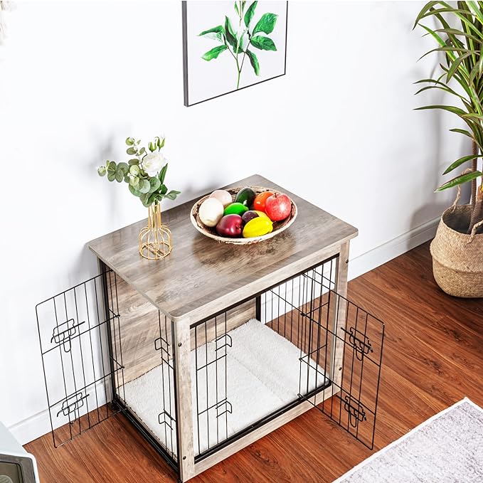 DWANTON Dog Crate Furniture with Cushion, Wooden Kennel Table with Double Doors, Indoor Dog House, Small/Medium/Large/Extra Large Size, 27.2" L, Greige-PurrikoPets