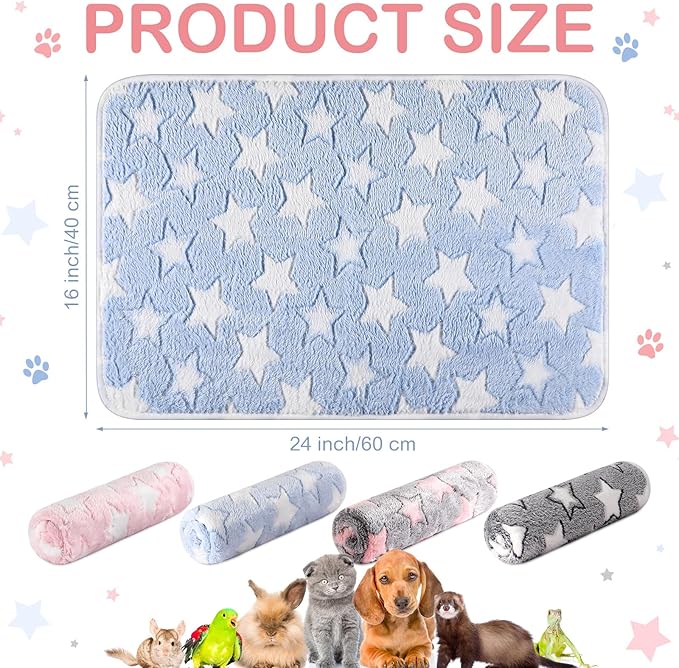 4 Pcs Waterproof Guinea Pig Blankets Washable Small Animal Fleece Bedding Absorbent Guinea Pig Cage Liners Reusable Pet Pee Pad Sleep Mat Pad Cover for Hamster Ferret (Cute Star Pattern, 24 x 16 Inch)-PurrikoPets