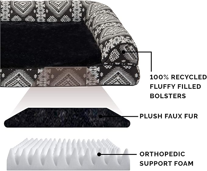 Furhaven Orthopedic Dog Bed for Large Dogs w/ Removable Bolsters & Washable Cover, For Dogs Up to 95 lbs - Plush & Southwest Kilim Woven Decor Sofa - Black Medallion, Jumbo/XL-PurrikoPets