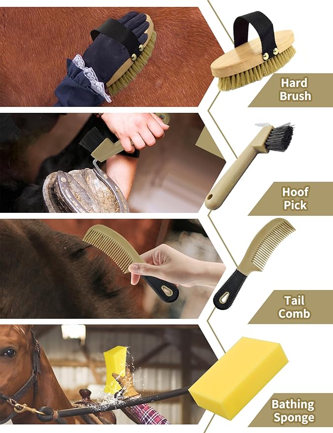 9 Pieces Horse Grooming Kit, Tack Room Supplies Set with Tote Bag, Horse Brush Set for Effective Cleaning and Bathing, Professional Equine Coat Care Kit for Horse Riders Beginner-PurrikoPets