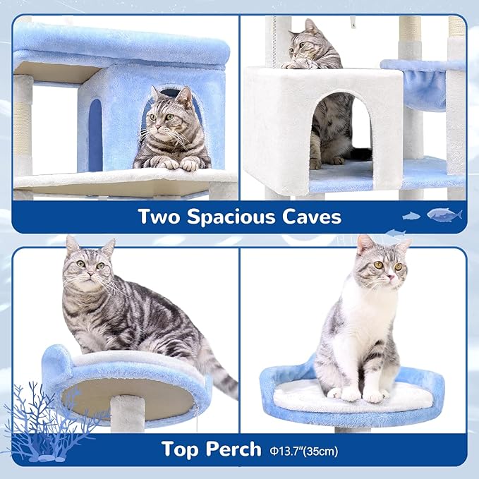 Globlazer Heavy Duty Cat Trees for Large Cats, Sturdy 72in Maine Coon Cat Tree for Large Cats 20 lbs+ Heavy Duty Cat Tower for Adult Biggest Cat with 6 Scratching Posts, Hammock, S72, Ocean Blue-PurrikoPets