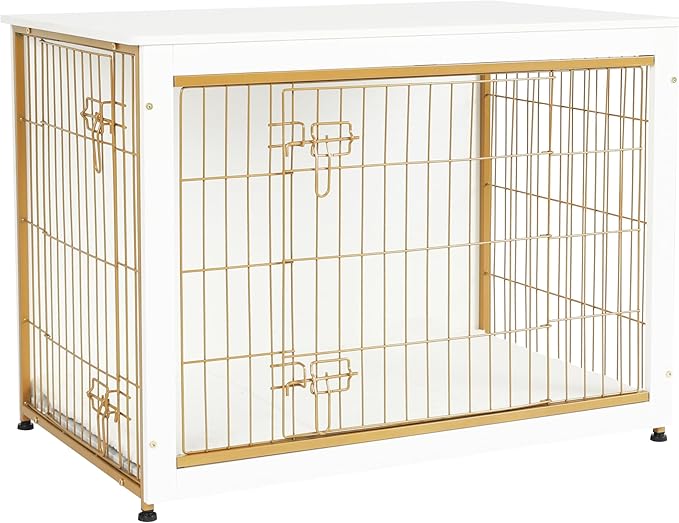 DWANTON Dog Crate Furniture with Cushion, Wooden Kennel Table with Double Doors, Indoor Dog House, Large Size, 38.5" L, White-PurrikoPets