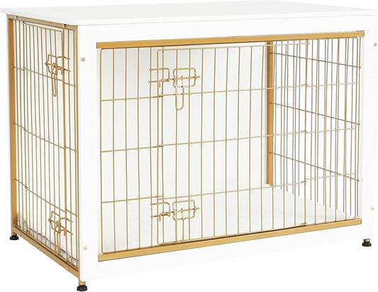 DWANTON Dog Crate Furniture with Cushion, Wooden Kennel Table with Double Doors, Indoor Dog House, Large Size, 38.5" L, White-PurrikoPets