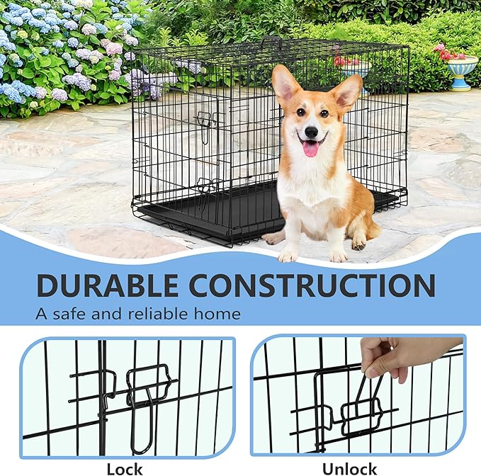 FDW 30 inch Dog Crate Dog Kennel Cage with Double Door Folding Metal Wire Dog Cage with Removable Tray&Divider Panel,Pet Crate for Medium Dogs,Black-PurrikoPets