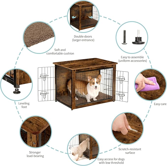 DWANTON Dog Crate Furniture with Cushion, Wooden Kennel Table with Double Doors, Indoor Dog House, Medium Size, 32.5" L, Rustic Brown-PurrikoPets