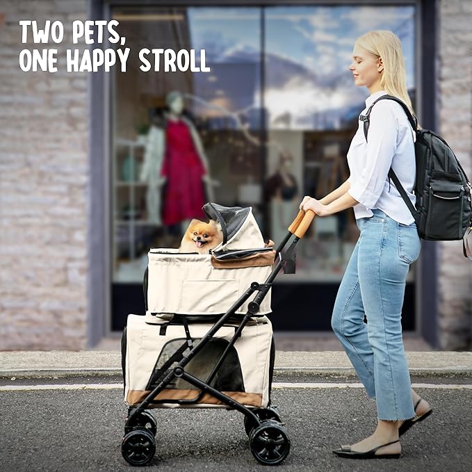 Double Pet Stroller with Detachable Carriers - Ideal for 2 Dogs or Cats - Compact & Convenient Design - Easy Assembly Double Dog Stroller - Cosmic Beige-PurrikoPets
