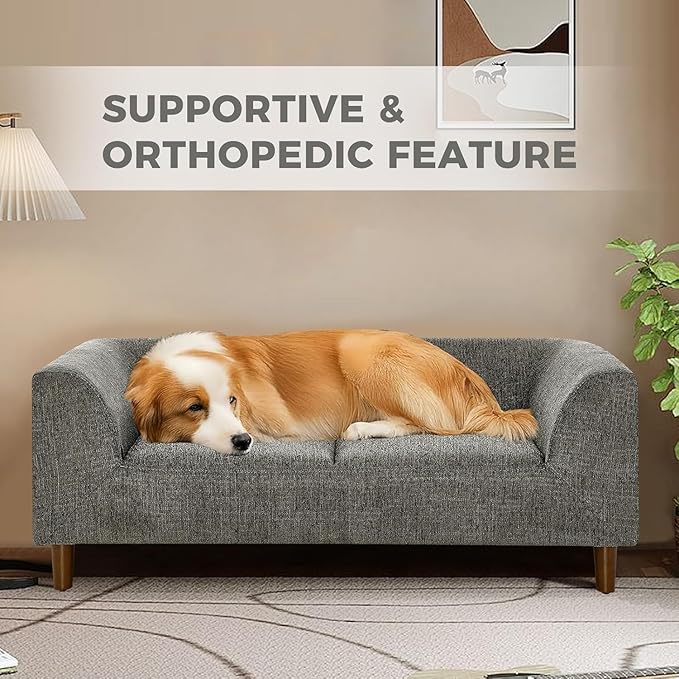Dog Sofa Couch for Medium to Large Dogs, Memory Foam Dog Sofa Bed, Modern Elevated Pet Couch Bed with Wooden Legs for Medium and Large Dogs, Dark Grey-PurrikoPets