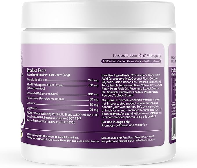 Fera Pets Dog Calming Chews with Ashwagandha & Priome® Mental Wellbeing Postbiotic Blend - Supports Anxiety Relief - Promotes Relaxation - 90 Soft Chews-PurrikoPets