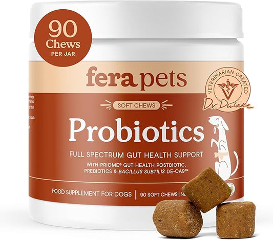 Fera Pets Probiotics for Dogs with Prebiotics and Postbiotics - Full Spectrum Gut Health Support - Promotes a Balanced Gut Microbiome - Boosts Immune Health - 90 Soft Chews-PurrikoPets
