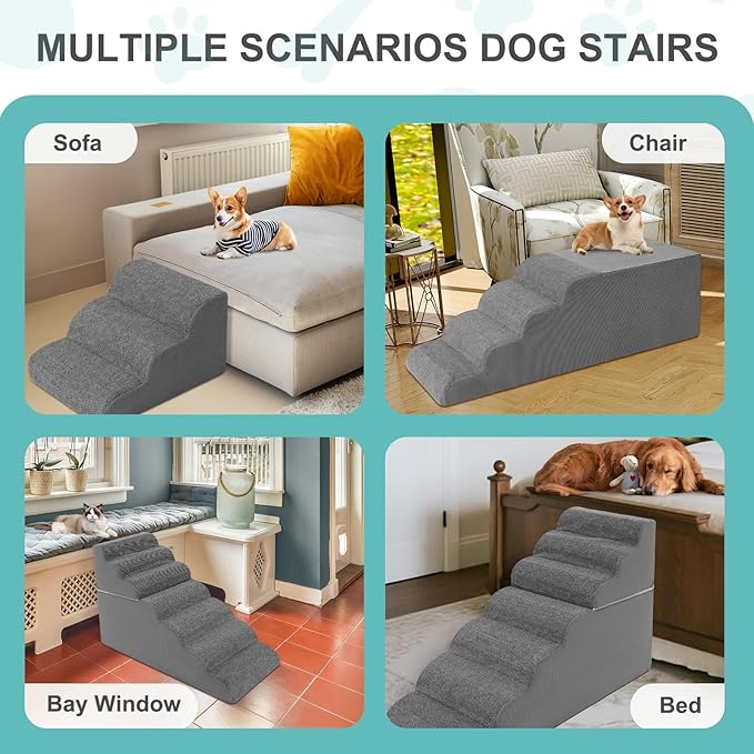 6-Step Dog Stairs for High Bed - 25.5" Adjustable Dog Ramps for Couch, Non-Slip Sturdy Pet Steps for Small Dogs, Washable Cover, Removable Modular Design, Dual 11” & 14.5” Steps for Custom Height-PurrikoPets