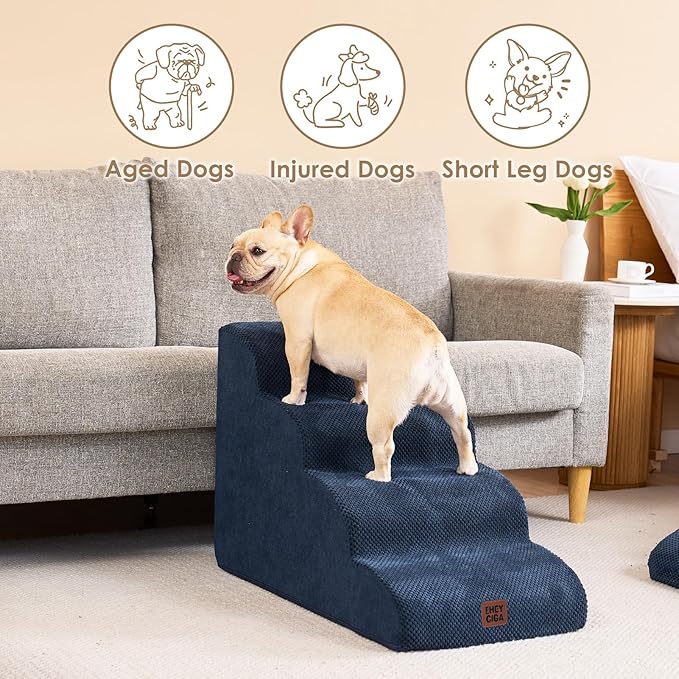EHEYCIGA Curved Dog Stairs Ramp for High Beds 19.7" H, 4-Step Dog Steps for Small Dogs and Cats, Pet Stairs for High Bed Climbing, Non-Slip Balanced Pet Step Indoor, Navy-PurrikoPets