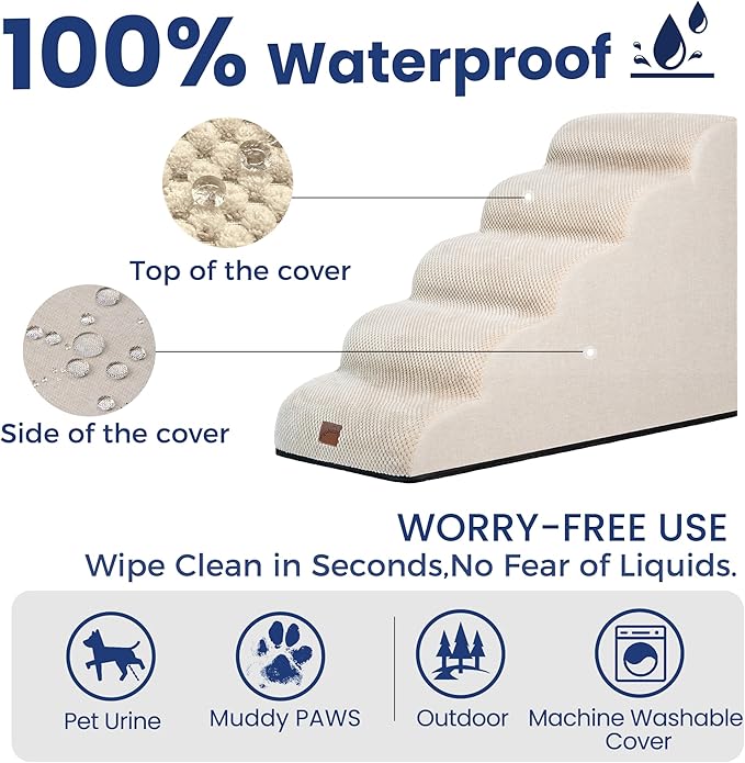 GoGoBunny Ramp Dog Stairs for High Beds 22.6" H, 5-Step Dog Slope Stairs with Durable Waterproof Fabric Cover, Pet Steps for Old Large Dogs Climbing, Non-Slip Sturdy Indoor Step, Beige-PurrikoPets
