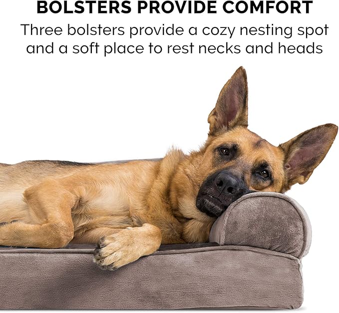 Furhaven Cooling Gel Dog Bed for Large Dogs w/ Removable Bolsters & Washable Cover, For Dogs Up to 95 lbs - Faux Fur & Velvet Sofa - Driftwood Brown, Jumbo/XL-PurrikoPets