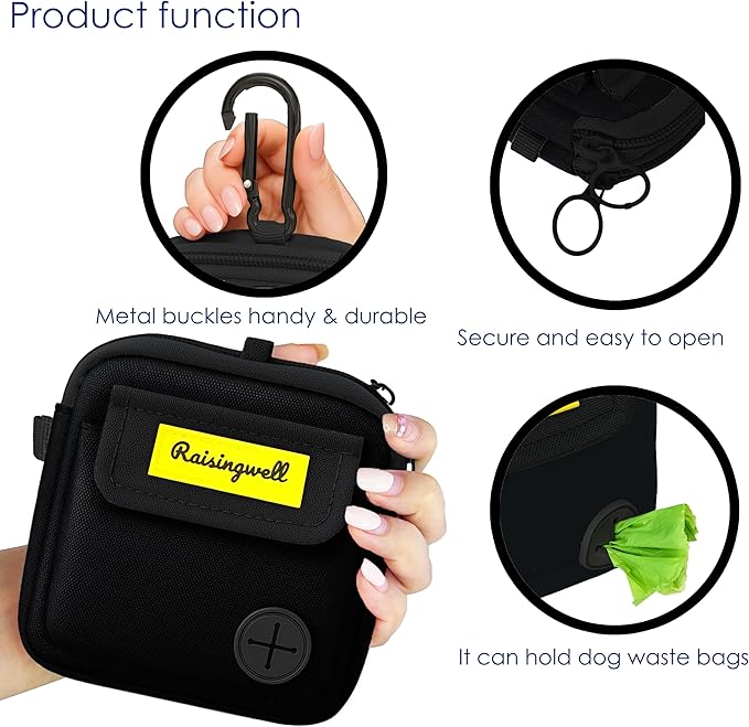 Dog Treat Pouch for Pet Walking and Training with Clicker, Poop Bags, and Three Bags Design Small Fanny Zipper Pack Holder for Puppy Snack Dispenser Kit for Leash and Outdoor Use (Black)-PurrikoPets