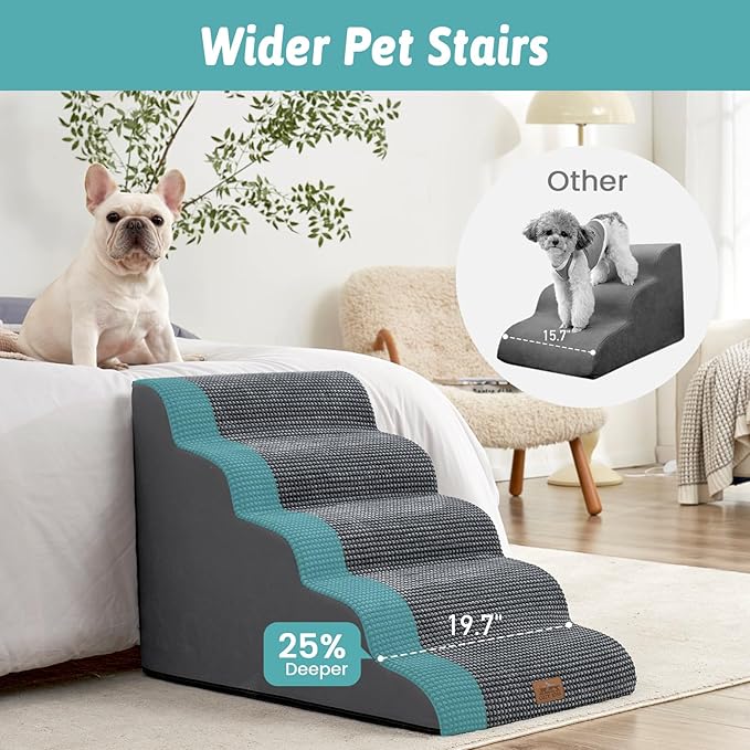 Extra Wide Dog Stairs 19.7" Width, Large Pet Step for Small Medium Dog, Puppy or Cat, Ramp for High Bed or Car, High Density Foam Ladder, Stable, 5 Step, 19.7x33x22.4 in, Dark Grey-PurrikoPets