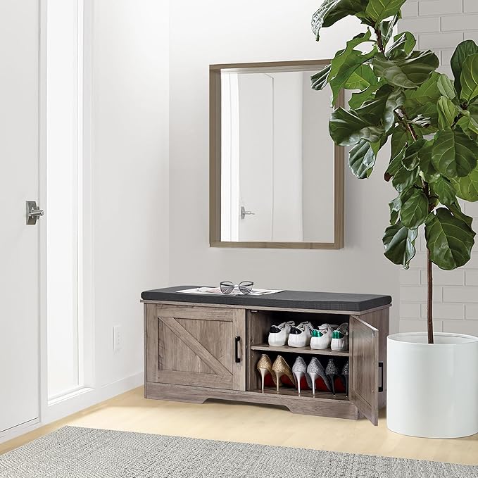 2-Tier Storage Bench, Shoe Bench with Padded Seat Cushion, Entryway Bench with 2 Barn Doors, Adjustable Shelf, 13.8" D x 39.4" W x 17.7" H, for Entryway, Living Room, Bedroom, Greige-PurrikoPets