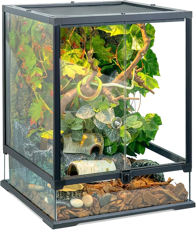 Glass Reptile Tank Front Opening Terrarium Suitable for Leopard Geckos, Snakes, Tree Frogs, Chameleons,Watertight Base, Ventilated Metal Mesh Top, Pre-Drilled Cable Holes 23.9x18x18''-PurrikoPets