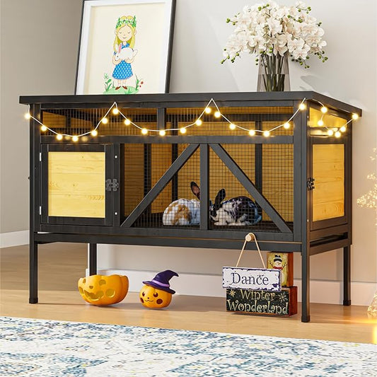 46.7" Rabbit Cage Elevated Bunny Cage Indoor, Outdoor Rabbit Hutch Hamster Cages for Small Animals, Wooden Guinea Pig Cages with Removable Tray & Waterproof Asphalt Roof & Bottom Wire Mesh-PurrikoPets
