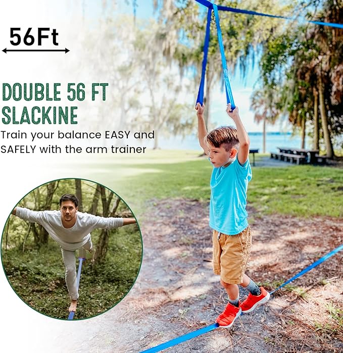 2×56ft Ninja Warrior Obstacle Course for Kids - 600 lbs Weight Capacity, Slackline Obstacle Course with 8 Ninja Accessories - Monkey Bar, Rope Ladder, Gymnastic Ring, Arm Trainer and Monkey Fist-PurrikoPets