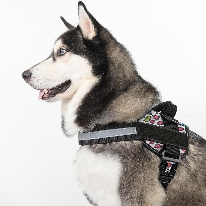 Dogline Dog Harness, Reflective No-Pull Adjustable Vest with Handle for Walking, Training, Breathable, No - Choke Harness for Small, Medium or Large Dogs Room for Patches Leopard Rainbow M 22"-28"-PurrikoPets