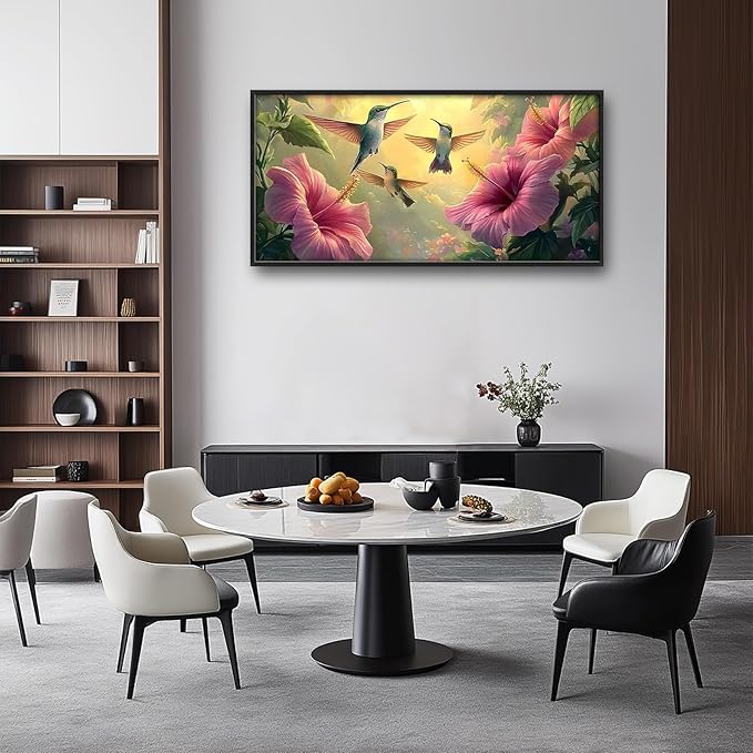 Framed Large Hummingbird Wall Art for Living Room, Oversized Rustic Bird Flower Wall Decor Floral Canvas Painting Nature Sunrise Pictures Modern Artwork for Bedroom Office Dinging Room 60"x30"-PurrikoPets
