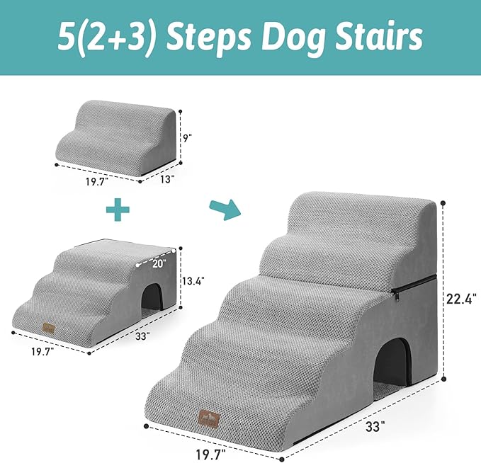 Extra Wide Dog Stairs with Tunnel, Detachable Large Pet Step for Small Medium Dog, Puppy or Cat, Ramp for High Bed, Couch, Sofa or Car, Stable, 19.7x33x22.4 inch, 5 Step, Grey-PurrikoPets