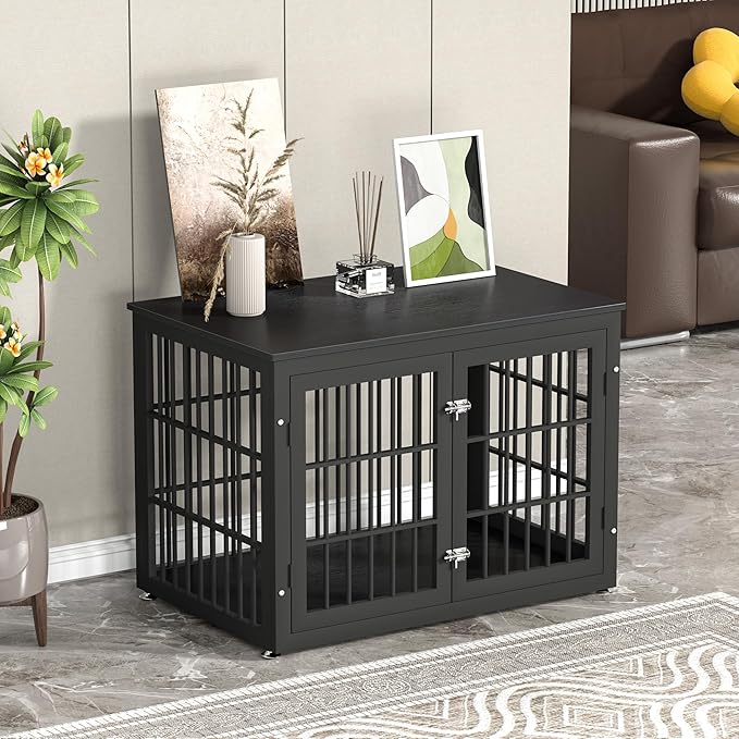 38 Inch Heavy Duty Dog Crate Furniture for Large and Medium Dogs, Decorative Pet House End Table, Wooden Cage Kennel Furniture Indoor, Black-PurrikoPets