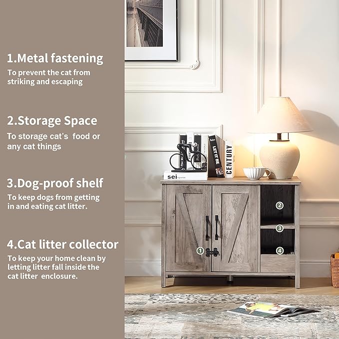 31.9'' Small Cat Litter Enclosure,Adjustable Shelf for Dog Proof and Storage,Locks Added for cat,Cat Litter Collector,Small Indoor Cat House,Grey-PurrikoPets