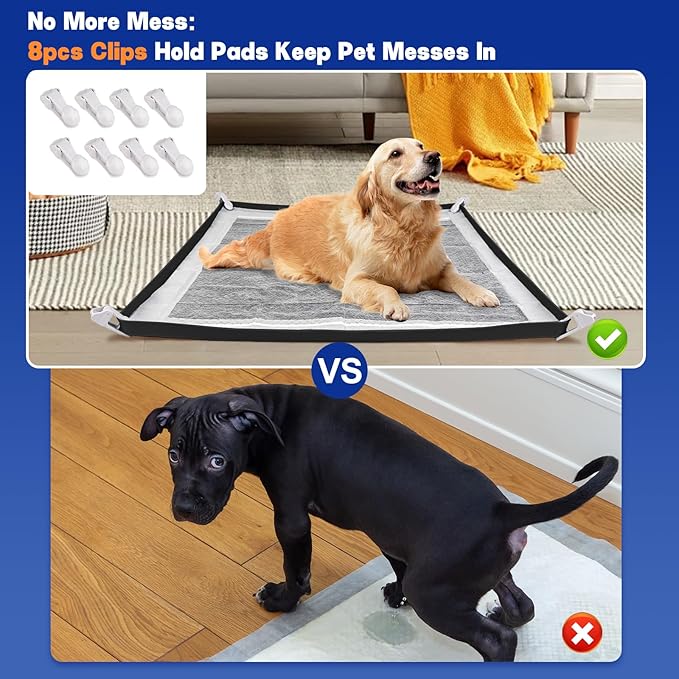 Dog Pee Pad Holder, Puppy Pad Holder Tray for 24'' x 24'' Training Pads, 15pcs Dog Potty Tray Set Include High Edge Silicone Mat & 6 Activated Charcoal Disposable Puppy Pads & 8 Holder Clamps-PurrikoPets