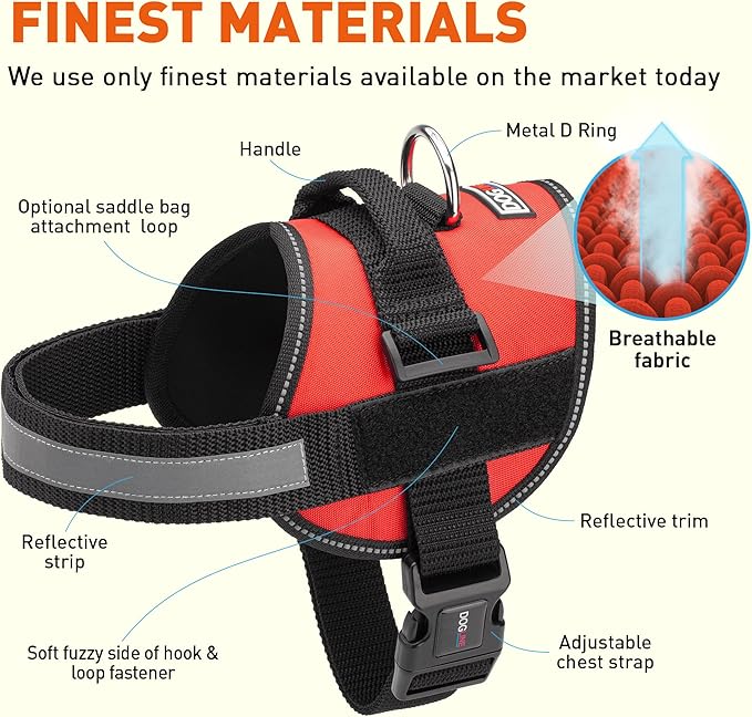 Dogline Dog Harness, Reflective No-Pull Adjustable Vest with Handle for Walking, Training, Service Breathable No - Choke Harness for Small, Medium or Large Dogs Room for Patches Girth 18 to 24 in Red-PurrikoPets