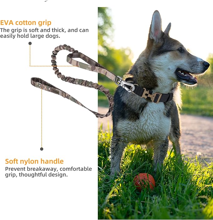EXCELLENT ELITE SPANKER Bungee Dog Leash Tactical Nylon Adjustable Tactical No Pull Leads Rope for Dogs Quick Release Military Rope with 2 Control Handle (MCP)-PurrikoPets