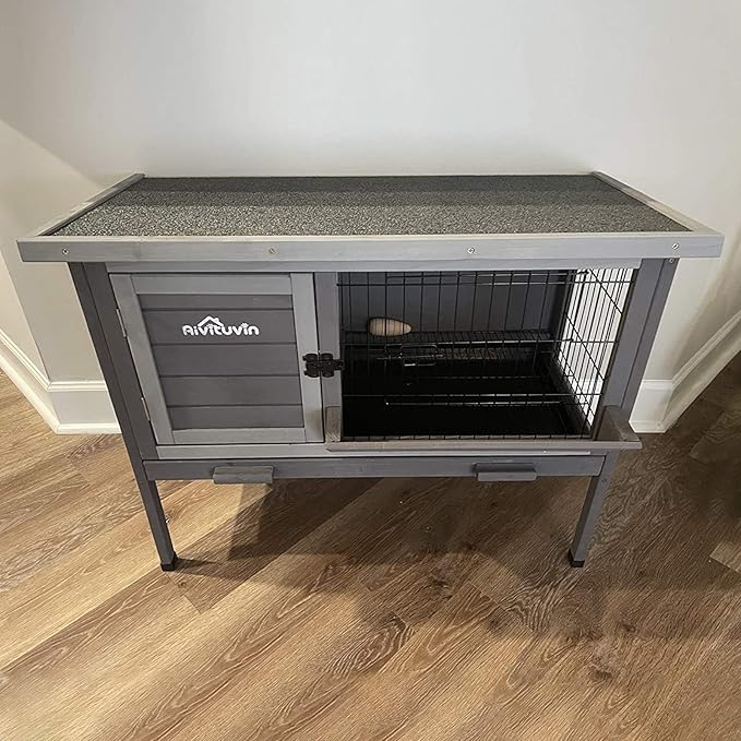 Aivituvin Outdoor Rabbit Hutch, Wooden Bunny Cages Indoor with Deeper Leakproof Tray - Upgrade with Metal Wire Pan-PurrikoPets