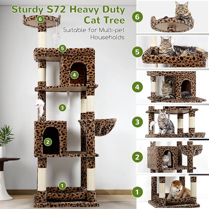Globlazer Heavy Duty Cat Trees for Large Cats, Sturdy 72in Maine Coon Cat Tree for Large Cat 20 lbs+ Heavy Duty Cat Tower for Adult Biggest Cats with 6 Scratching Posts, Hammock, S72, Leopard Print-PurrikoPets