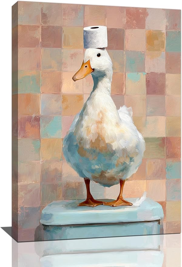 Funny Duck Bathroom Wall Art Cute Duck on Toilet Canvas Wall Decor Funny Quirky Farm Animal Pictures Painting Print Framed Artwork Decorations Gifts for Bathroom 16"x24"-PurrikoPets